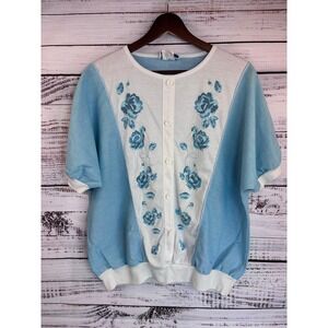 Vintage Blue Floral Button Up Top L Dolman Sleeve Elastic‎ Waist Retro Feminine